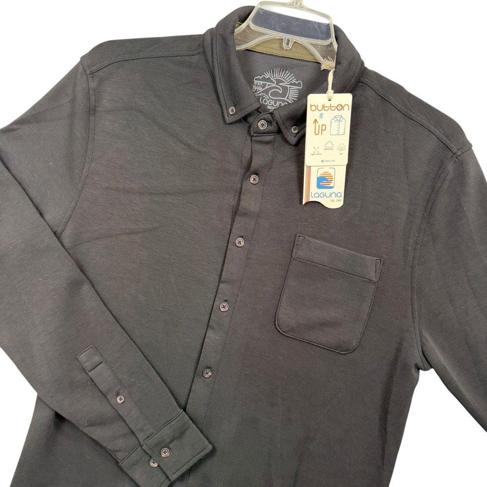 Laguna Button Down Shirt Mens Medium Black Long Sleeve 4-Way Stretch Pocket